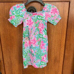 LILLY PULITZER Mini Delaney Dress Girl's Small Almafi Puffed Sleeve Smocked NWT